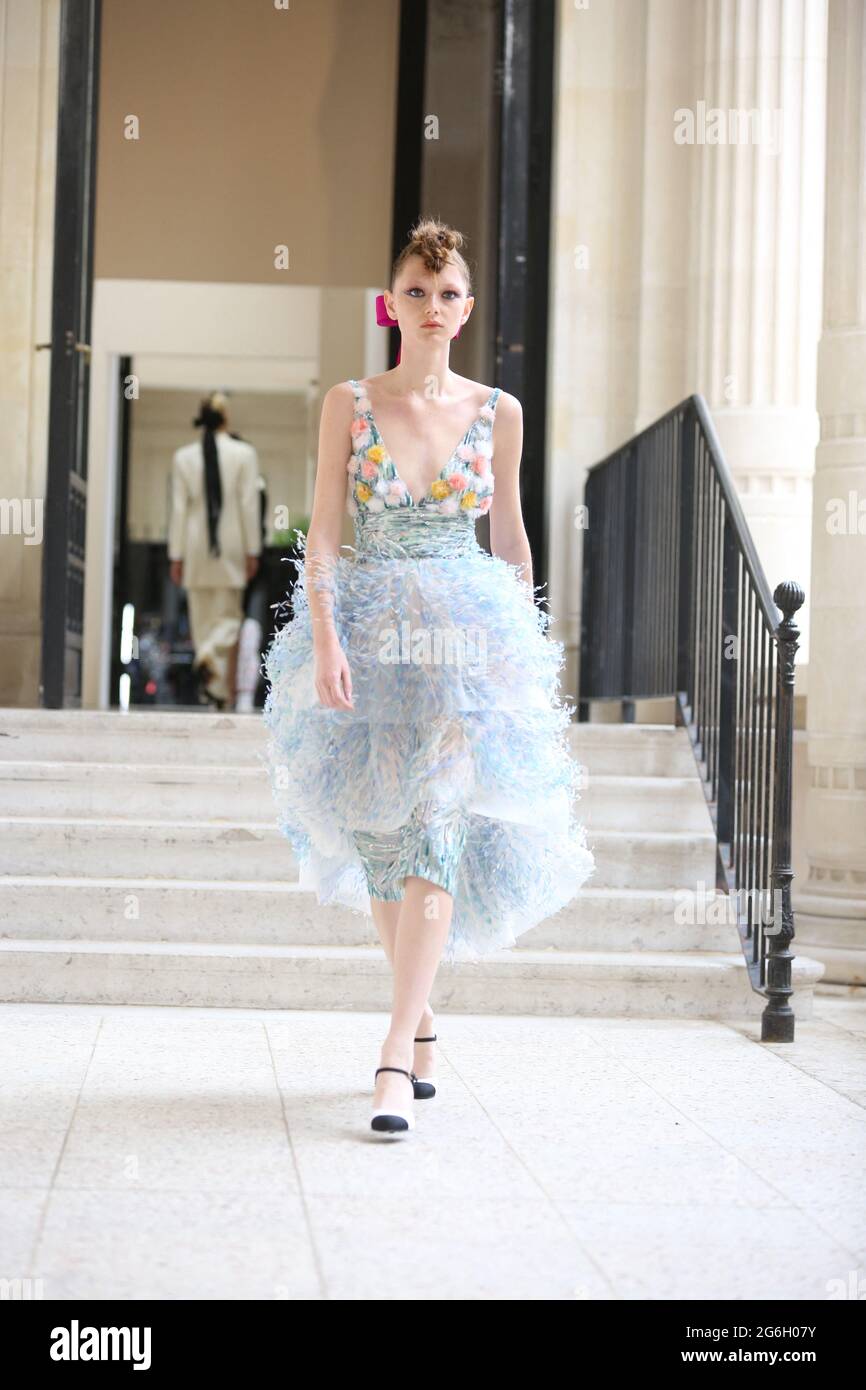 Paris, France. 6th July 2021. A model walks the runway during the Chanel  Haute Couture fashion show as part of the Paris Fashion Week Fall/Winter  2021-2022 on July 6, 2020 in Paris,
