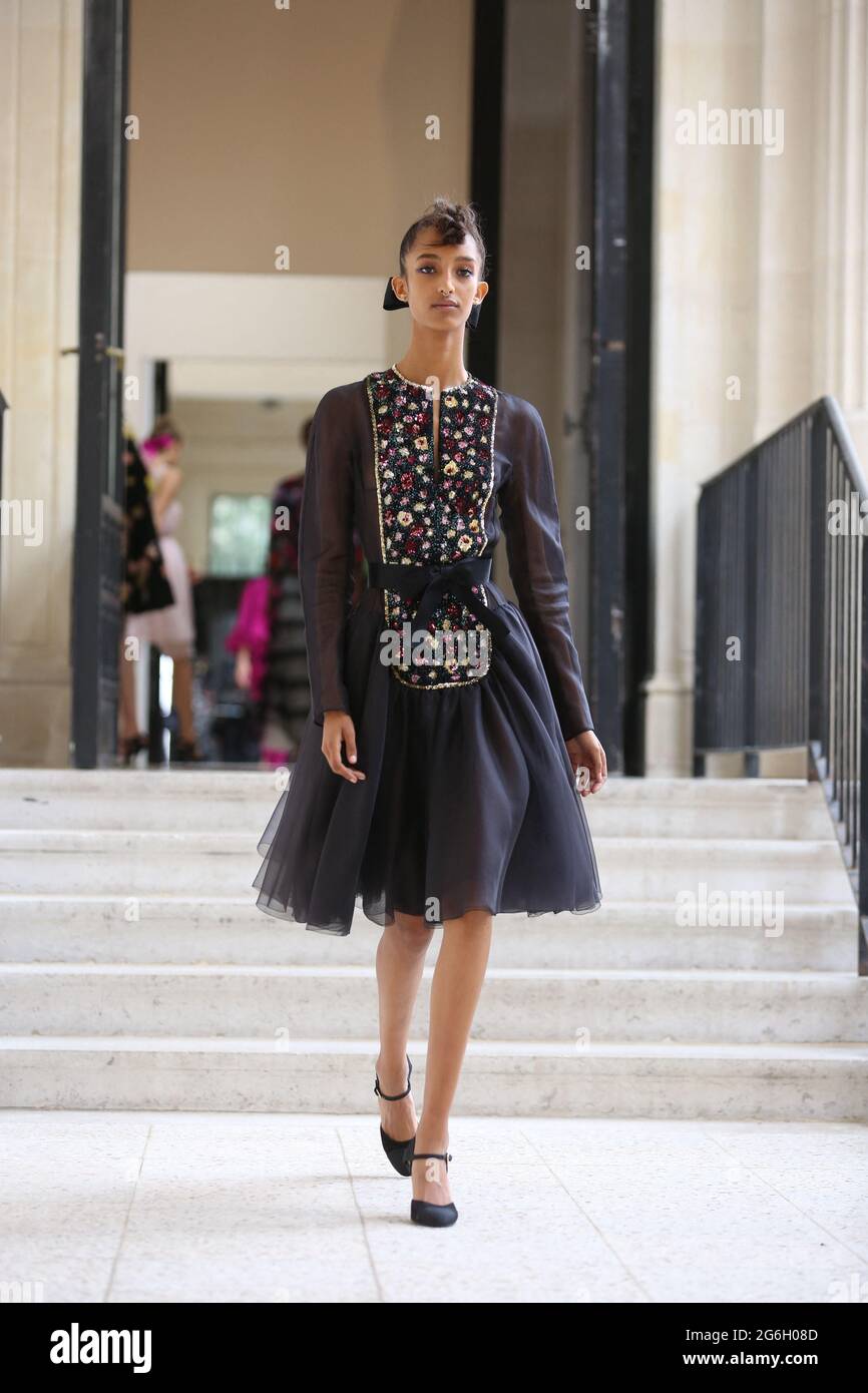 Paris, France. 6th July 2021. A model walks the runway during the Chanel  Haute Couture fashion show as part of the Paris Fashion Week Fall/Winter  2021-2022 on July 6, 2020 in Paris