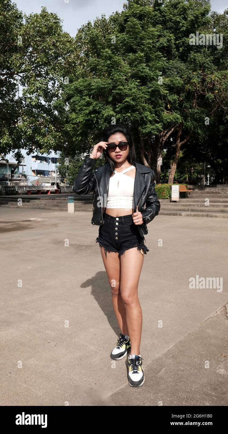 shorts with leather jacket