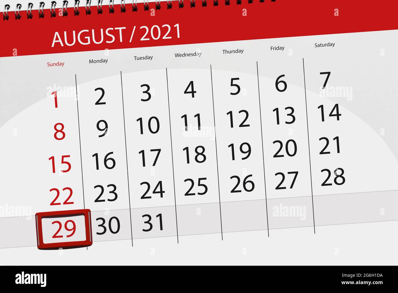 Calendar Planner For The Month August 21 Deadline Day 29 Sunday Stock Photo Alamy