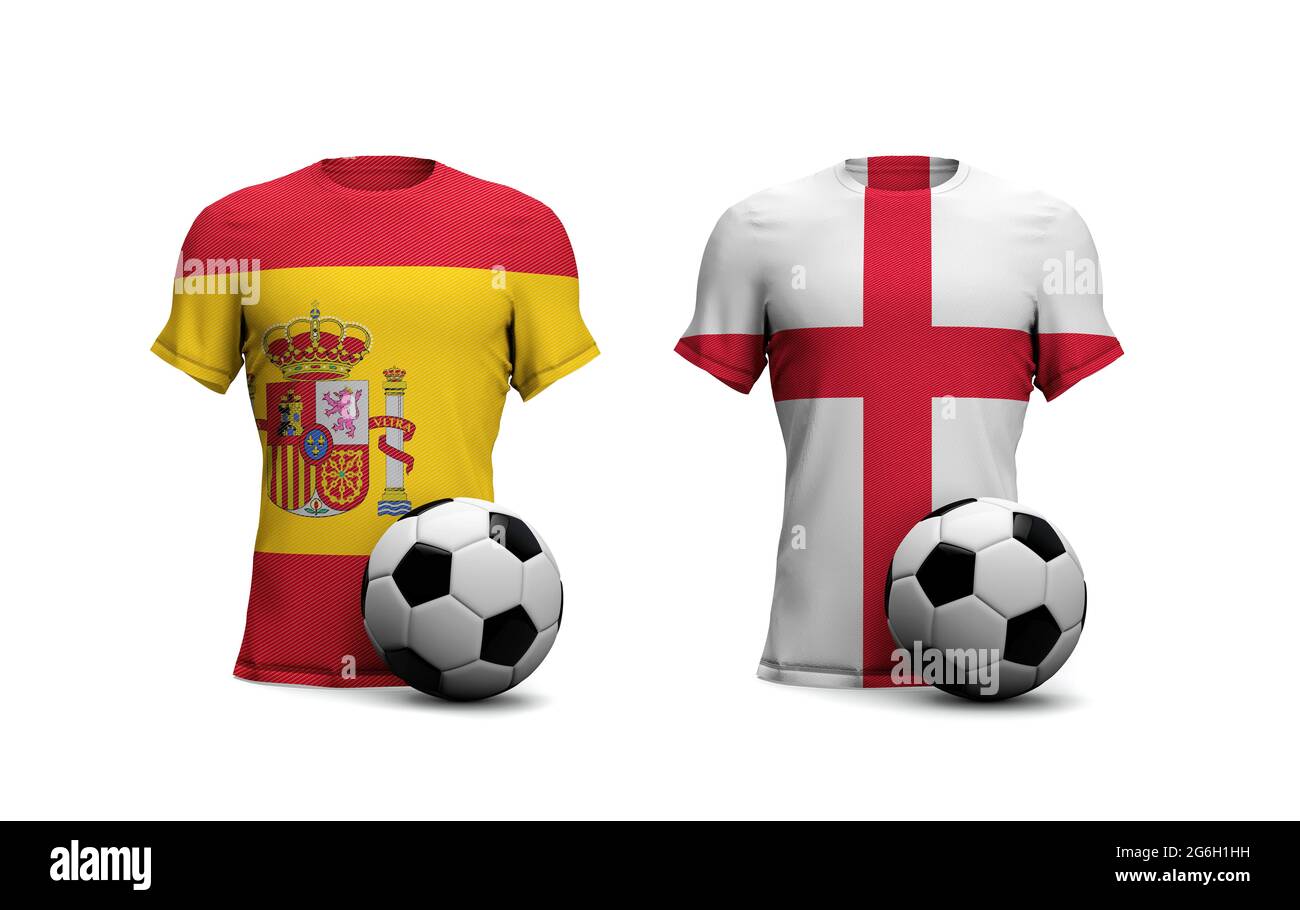 England Vs. Spain soccer match. National flags with football. 3D Rendering Stock Photo