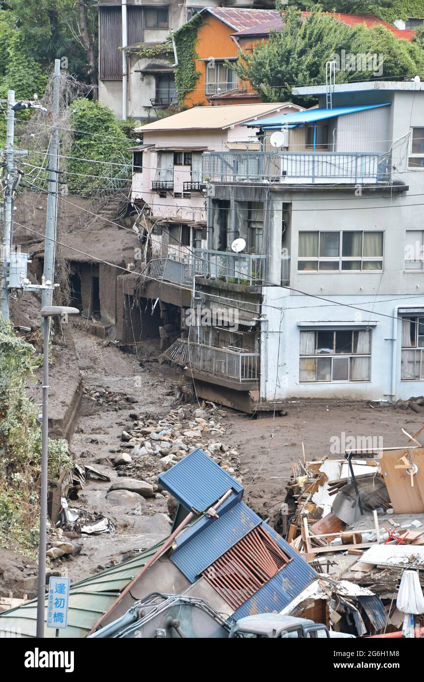Atami, Japan. 06th July, 2021. Rescue workers search through the debris at a mudslide area after heavy rains in Atami, Shizuoka Prefecture, Japan on Tuesday, July 6, 2021.　At least four people died and dozens are missing due to the mudslide. 　Photo by Keizo Mori/UPI Credit: UPI/Alamy Live News Stock Photo