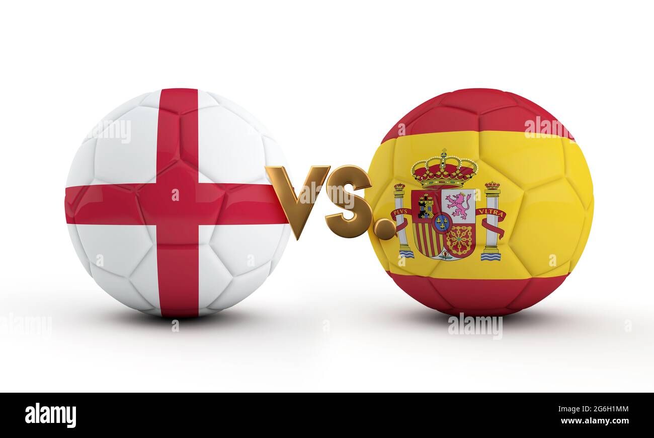 England Vs. Spain soccer match. National flags with football. 3D Rendering Stock Photo