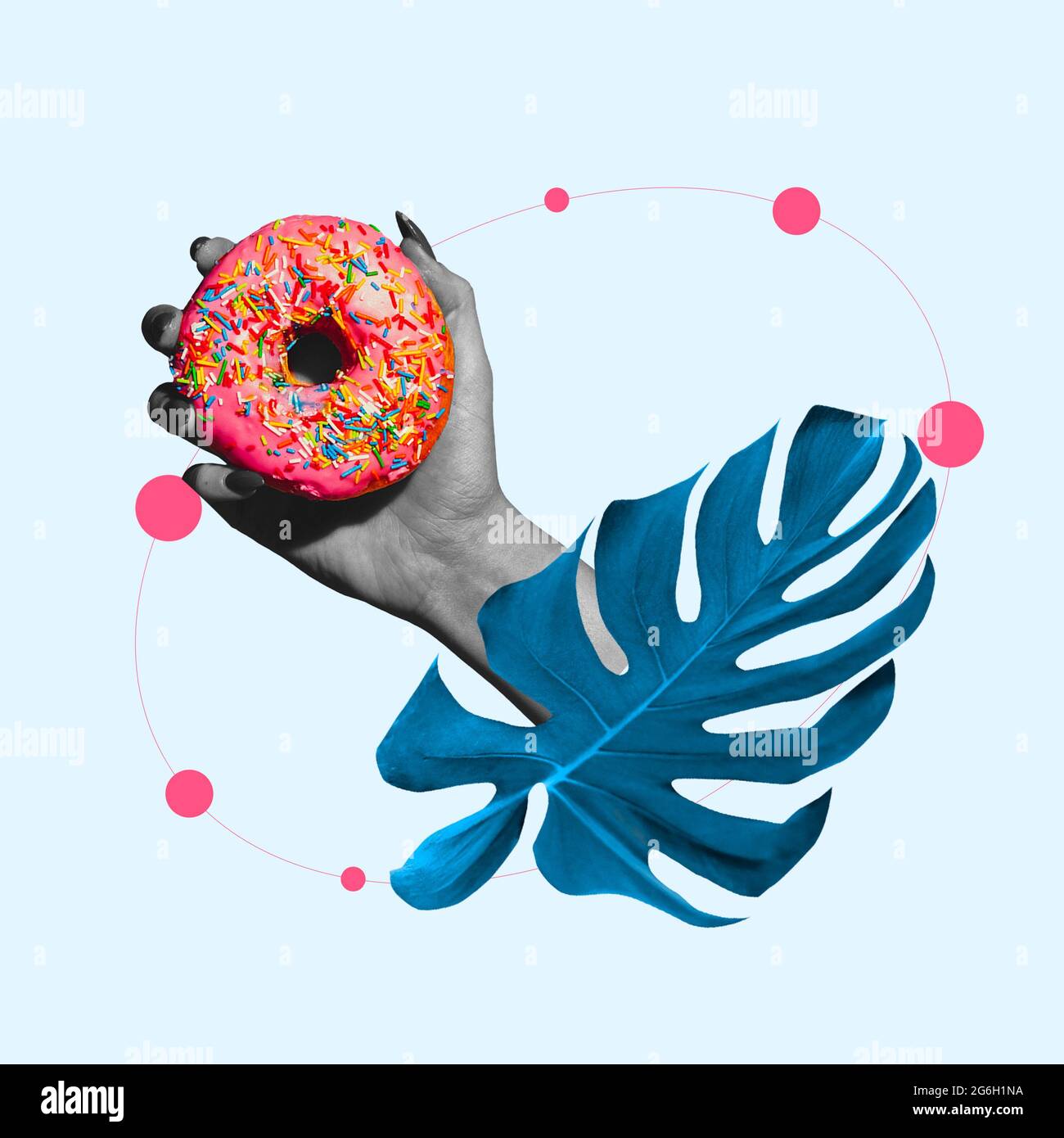 Sweets, goodies. Contemporary art collage, modern artwork. Aesthetic of hands. Trendy pastel colors. Copyspace for your ad or text. Stock Photo