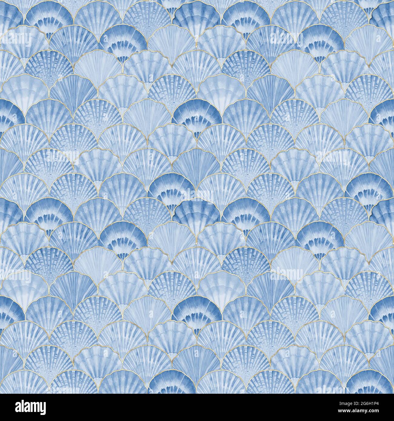 Watercolor sea shell japanese waves seamless pattern. Hand drawn 
