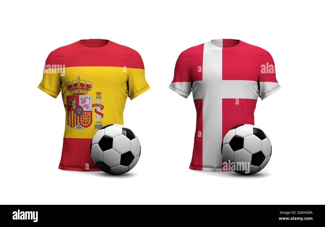 Denmark Vs. Spain soccer match. National flags with football. 3D Rendering Stock Photo
