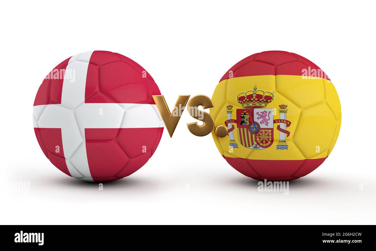 Denmark Vs. Spain soccer match. National flags with football. 3D Rendering Stock Photo