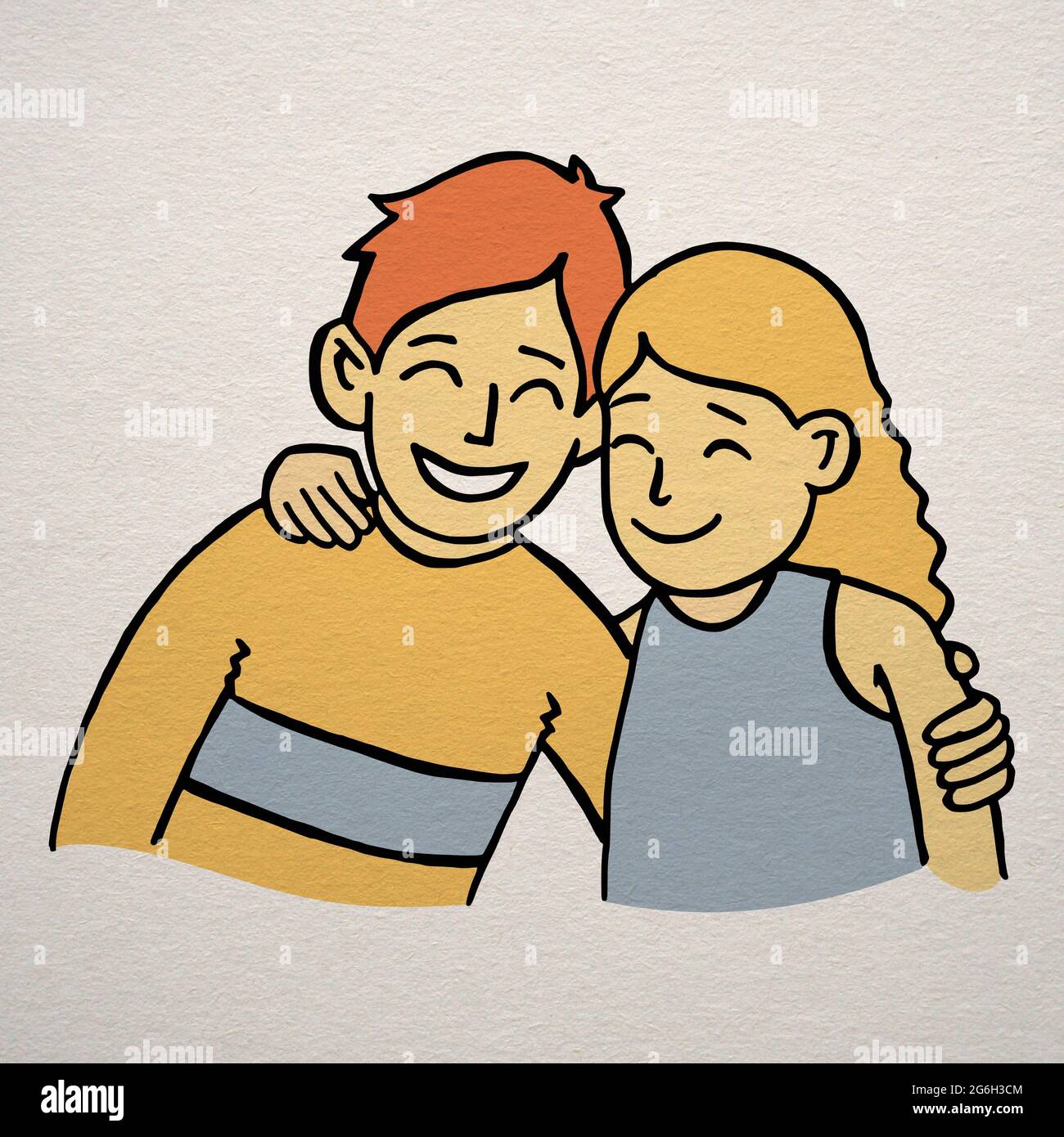 A happy positive boy and a cute smiling girl hugging cartoon style  illustration - Brother and sister drawing Stock Photo - Alamy