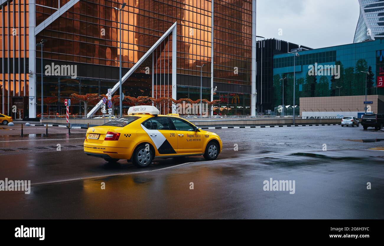 Cab Car Near Mercury Tower Business Center Moscow City: Moscow, Russia - April 21, 2021 Stock Photo