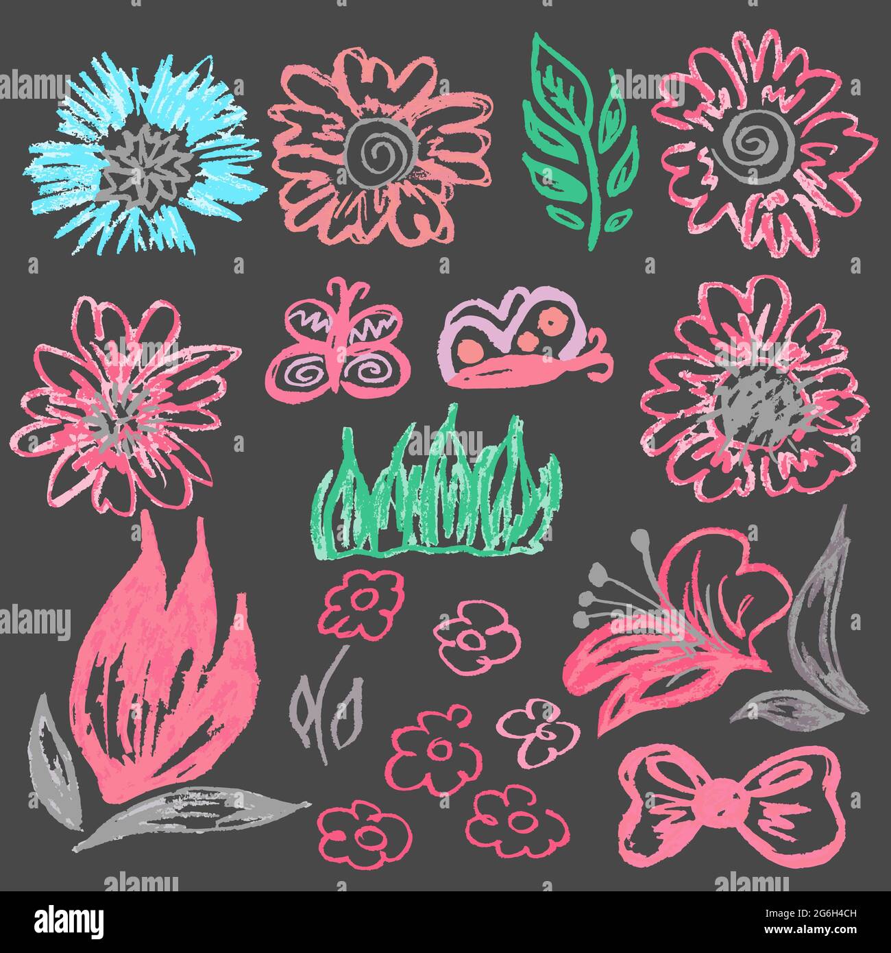 Cute childish drawing with colored chalk on a gray background. Pastel chalk or pencil funny doodle style vector. Art elements, flowers, leaves, bow Stock Vector