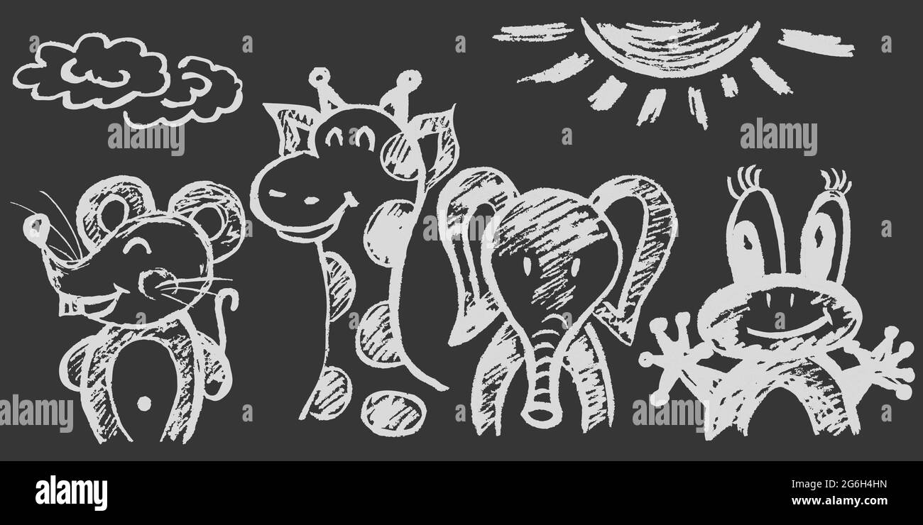 Cute childish drawing with white chalk on blackboard. Pastel chalk or pencil funny doodle style vector. Set of beautiful animals. Mouse, giraffe, elep Stock Vector