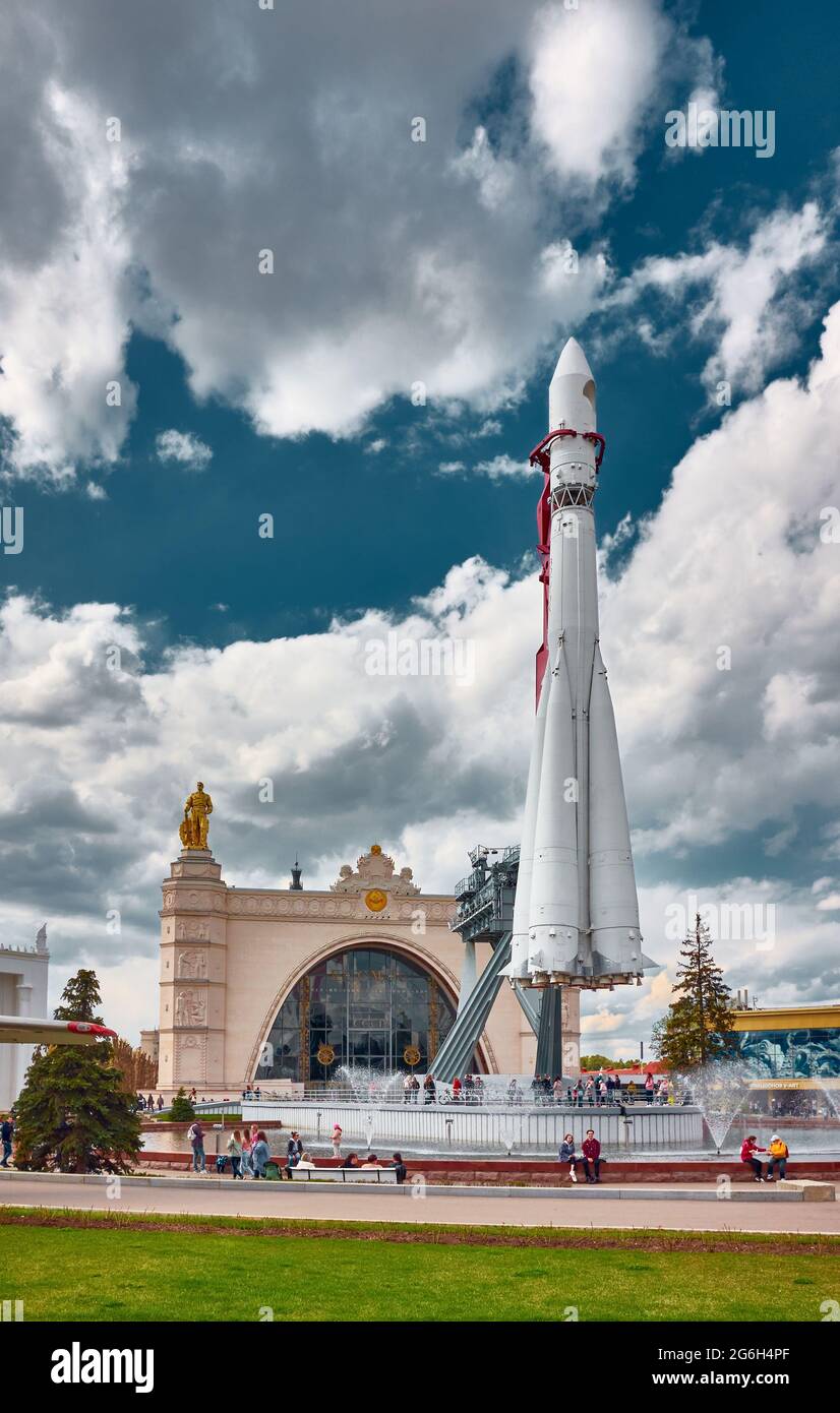 Mock-up of the Vostok 1 launch vehicle at the exhibition of achievements of the national economy, VDNH, space industry: Moscow, Russia - May 07, 2021 Stock Photo