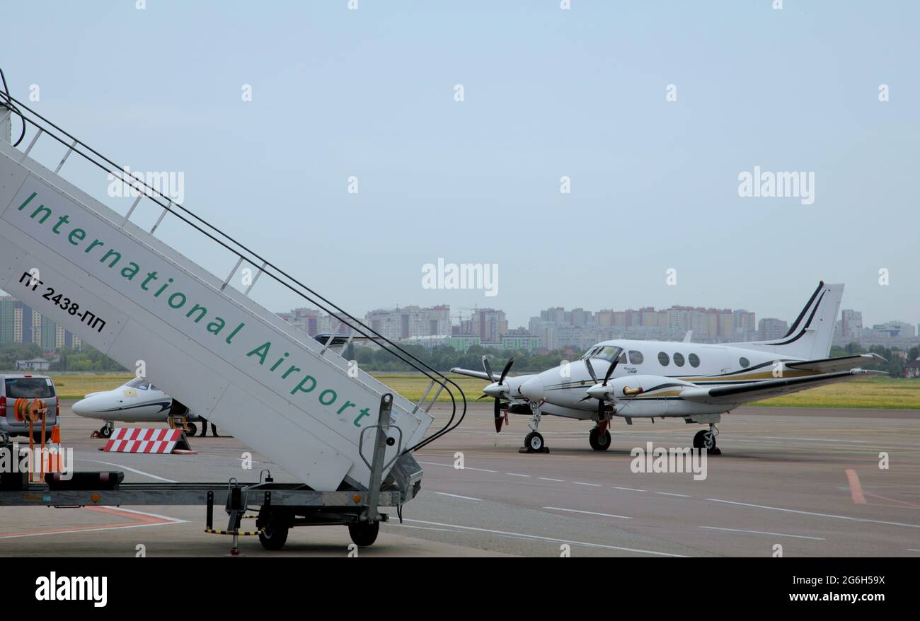 KYIV, UKRAINE - JUNE 24, 2021 - A plane is seen on the airfield at the Igor Sikorsky Kyiv International Airport (Zhuliany), Kyiv, capital of Ukraine. Stock Photo