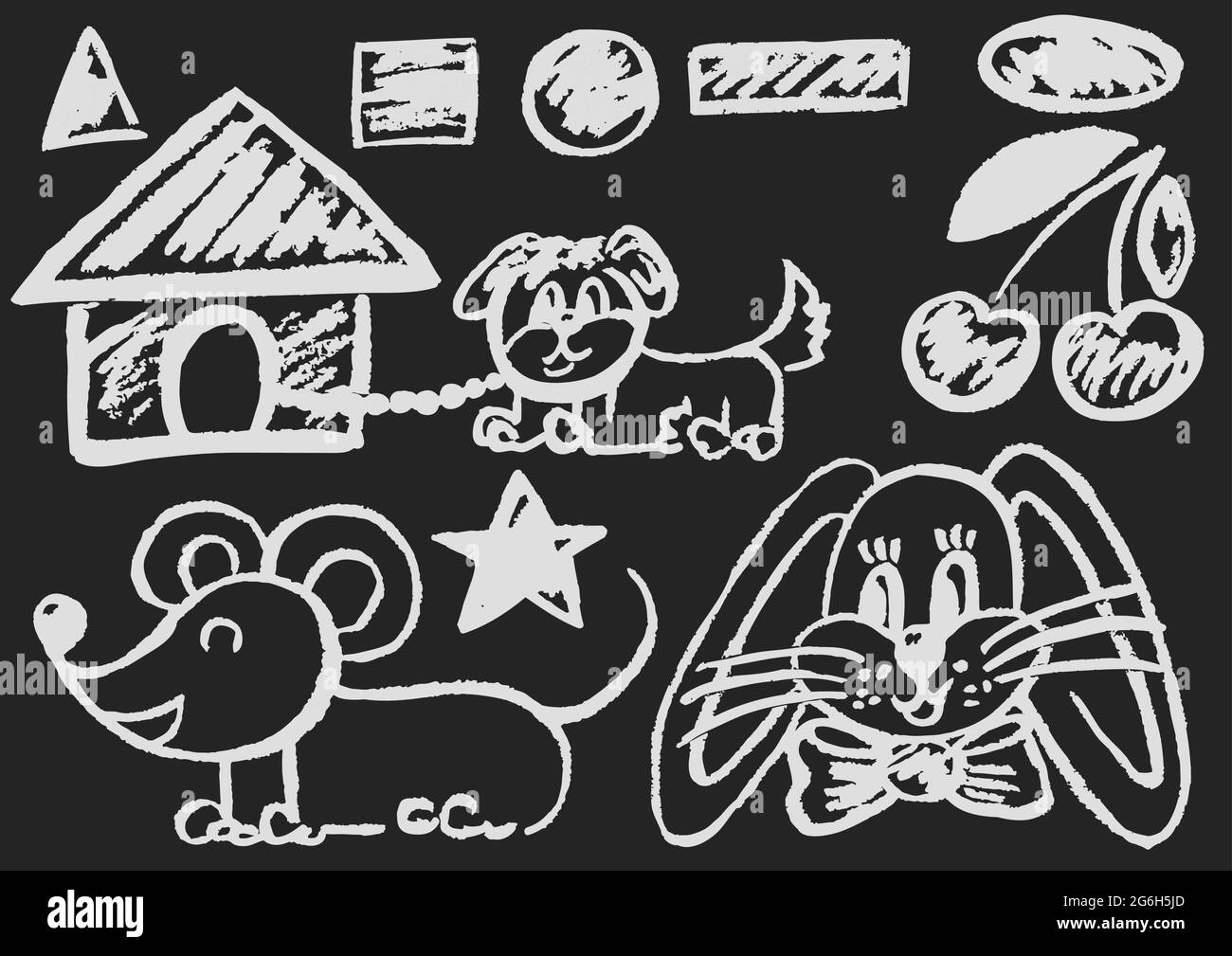 Cute childish drawing with white chalk on blackboard. Pastel chalk or