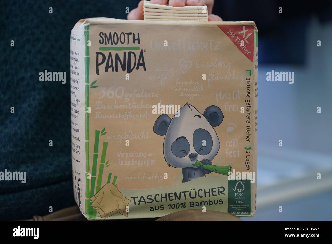 Reinfeld In Holstein, Germany. 06th July, 2021. Handkerchiefs from "Smooth  Panda" stand in the company headquarters of Smooth Panda. The young company  sells nasal tissues and kitchen paper as well as numerous