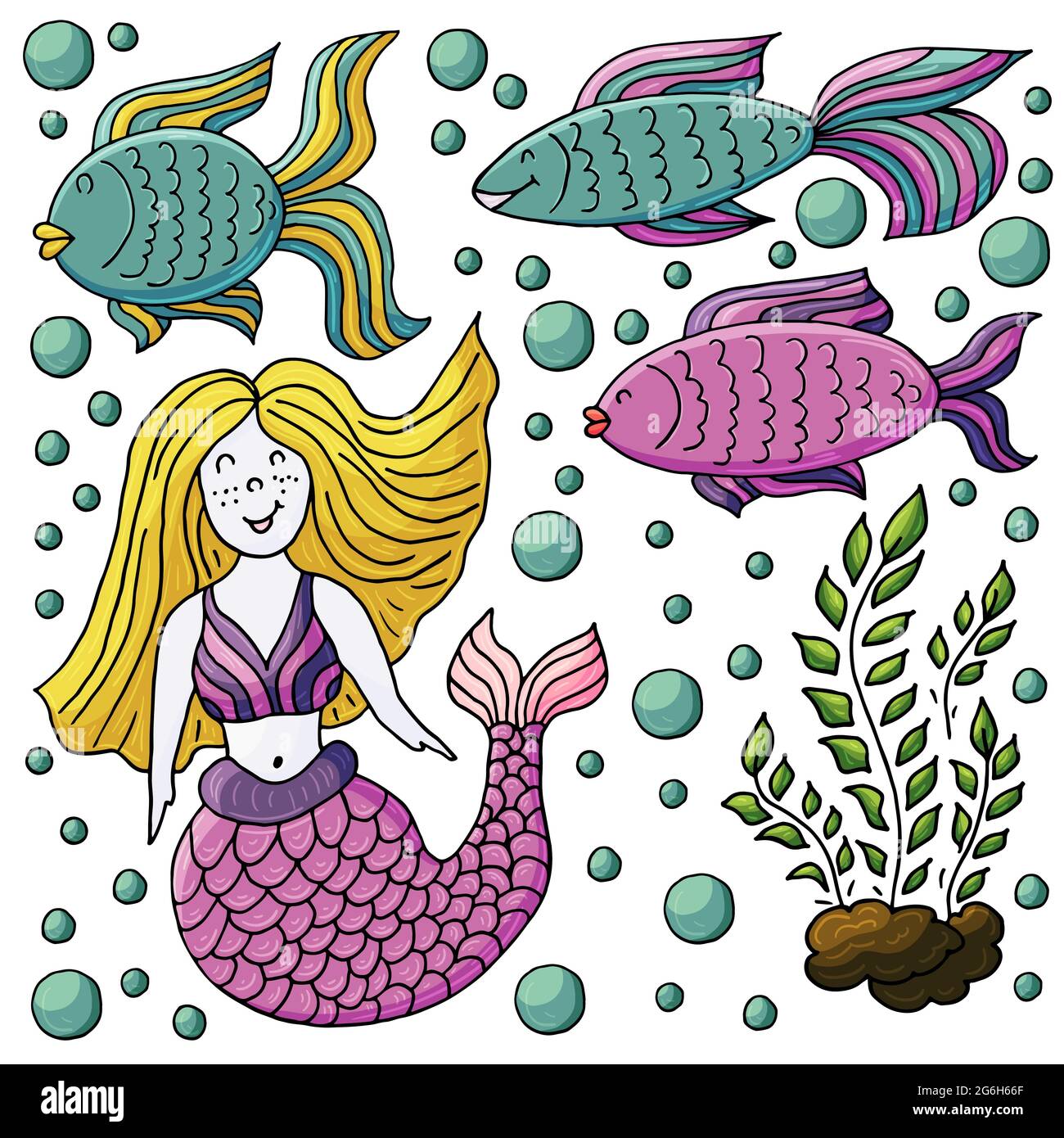 Vector illustration, ocean, underwater world, marine clipart. Set of Cartoon characters for cards, flyers, banners, children's books. Print for t-shir Stock Vector