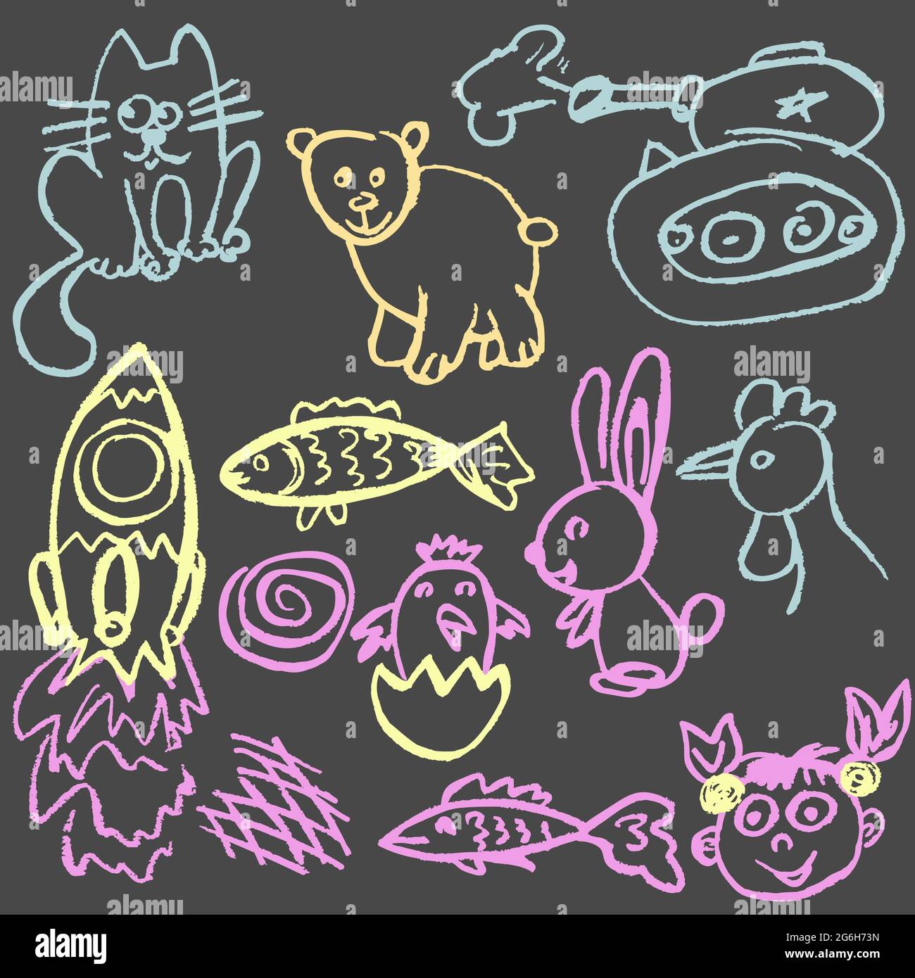 Cute childish drawing with colored chalk on a gray background. Pastel