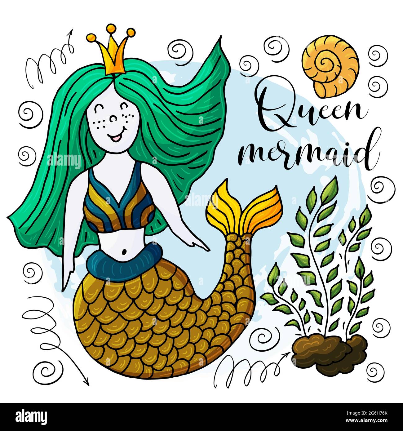 Vector illustration of a fabulous mermaid. Cartoon character for cards, flyers, banners, children's books. Seaweed, corals, shells. Queen mermaid Stock Vector