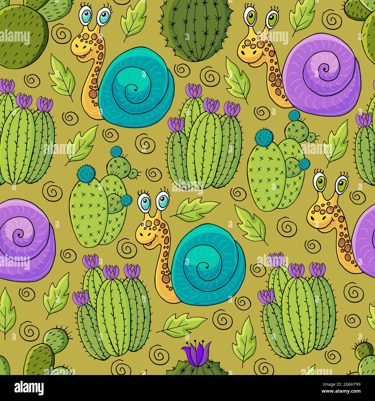 Seamless botanical illustration. Tropical pattern of different cacti
