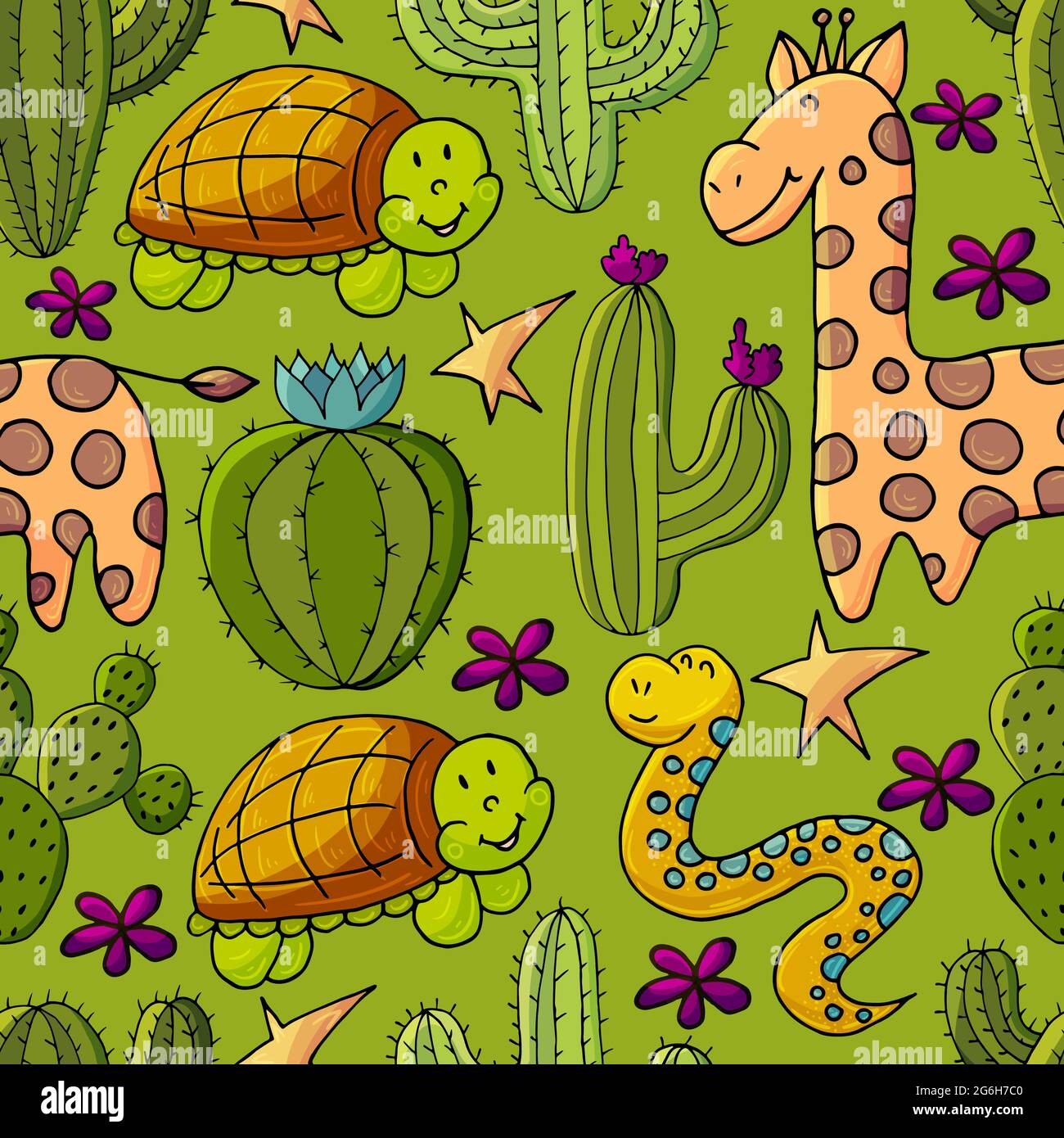 Seamless botanical illustration. Tropical pattern of different cacti