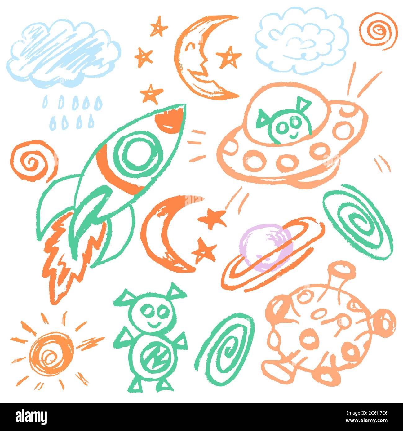 Cute childish drawing with wax crayons on a white background. Pastel chalk  or pencil funny doodle style vector. Outer space, ufo, rocket, moon Stock  Vector Image & Art - Alamy