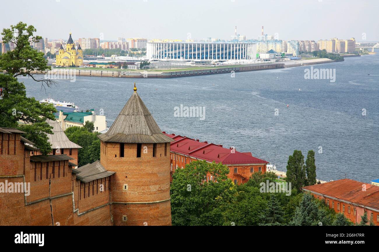 Tower and wall of the Nizhny Novgorod Kremlin and a view of the confluence of two rivers Volga and Oka Stock Photo