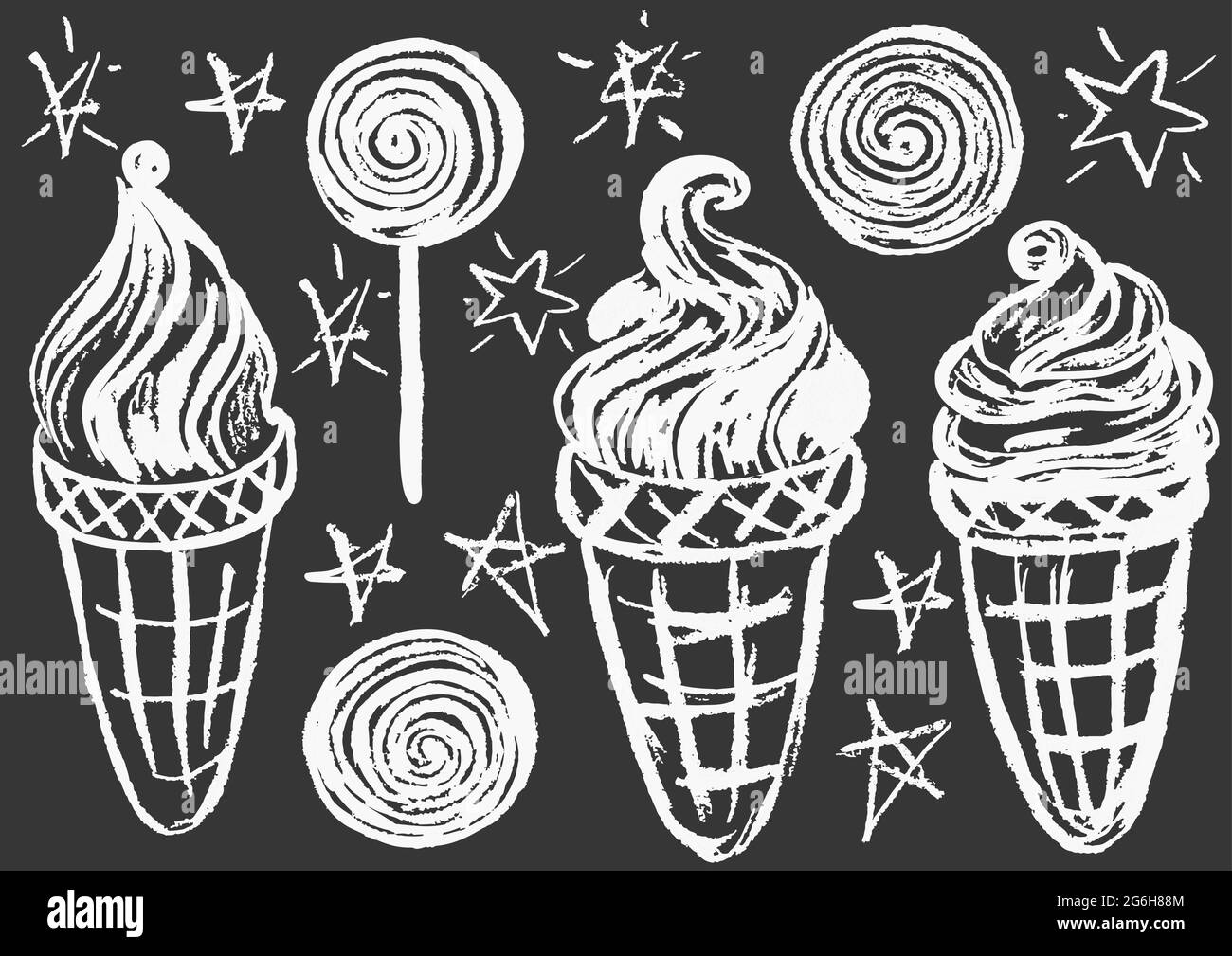 Cute childish drawing with white chalk on blackboard. Pastel chalk or