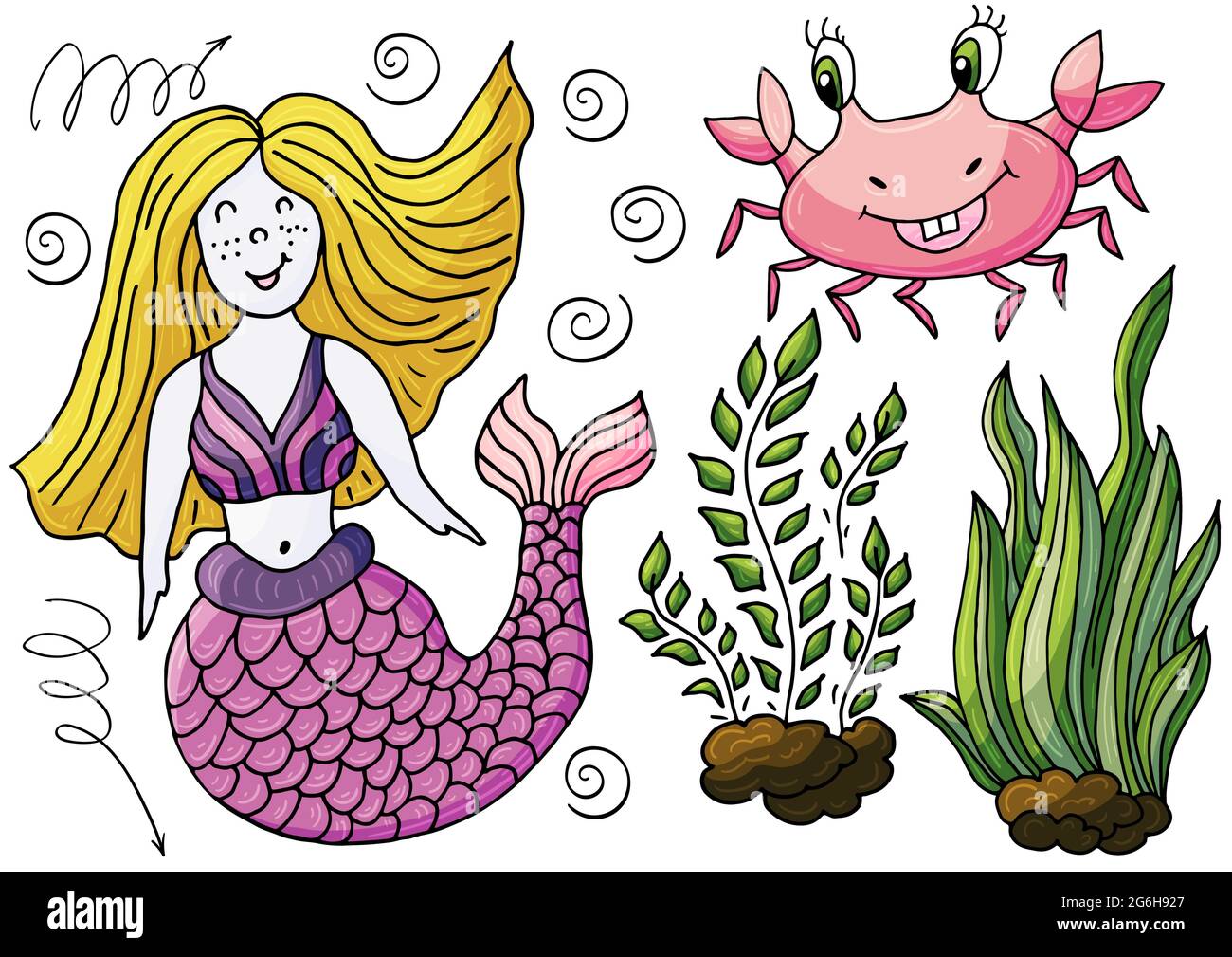 Vector illustration, ocean, underwater world, marine clipart. Set of Cartoon characters for cards, flyers, banners, children's books. Print for t-shir Stock Vector
