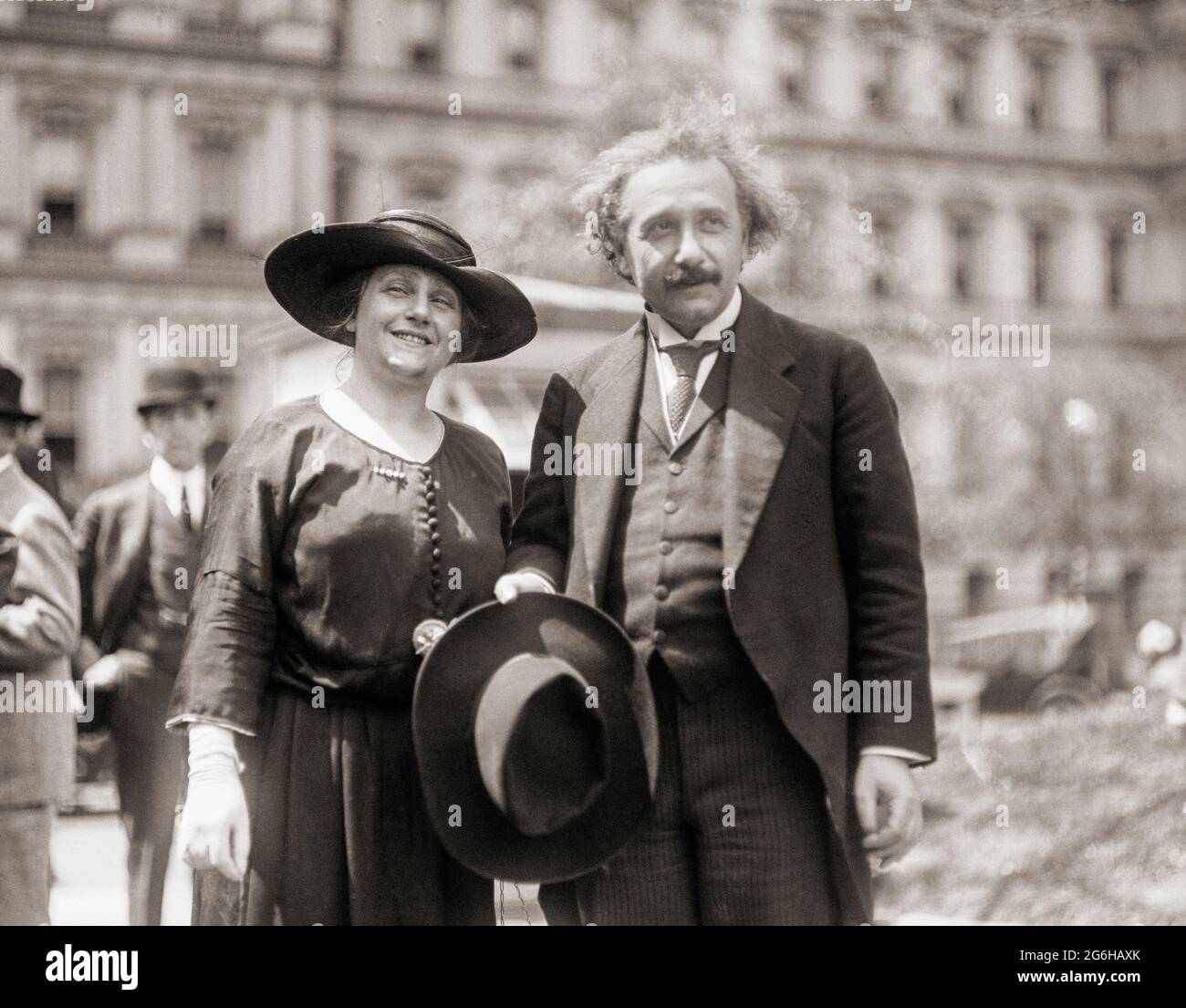 Albert Einstein with his wife Elsa in the early 1920's.  Albert Einstein, 1879 - 1955.  German born theoretical physicist.   Amongst many accomplishments he posited theories of General Relativity, Special Relativity, and mass–energy equivalence.  Elsa Einstein, 1876 - 1936.  German born second wife and cousin of Albert. Stock Photo