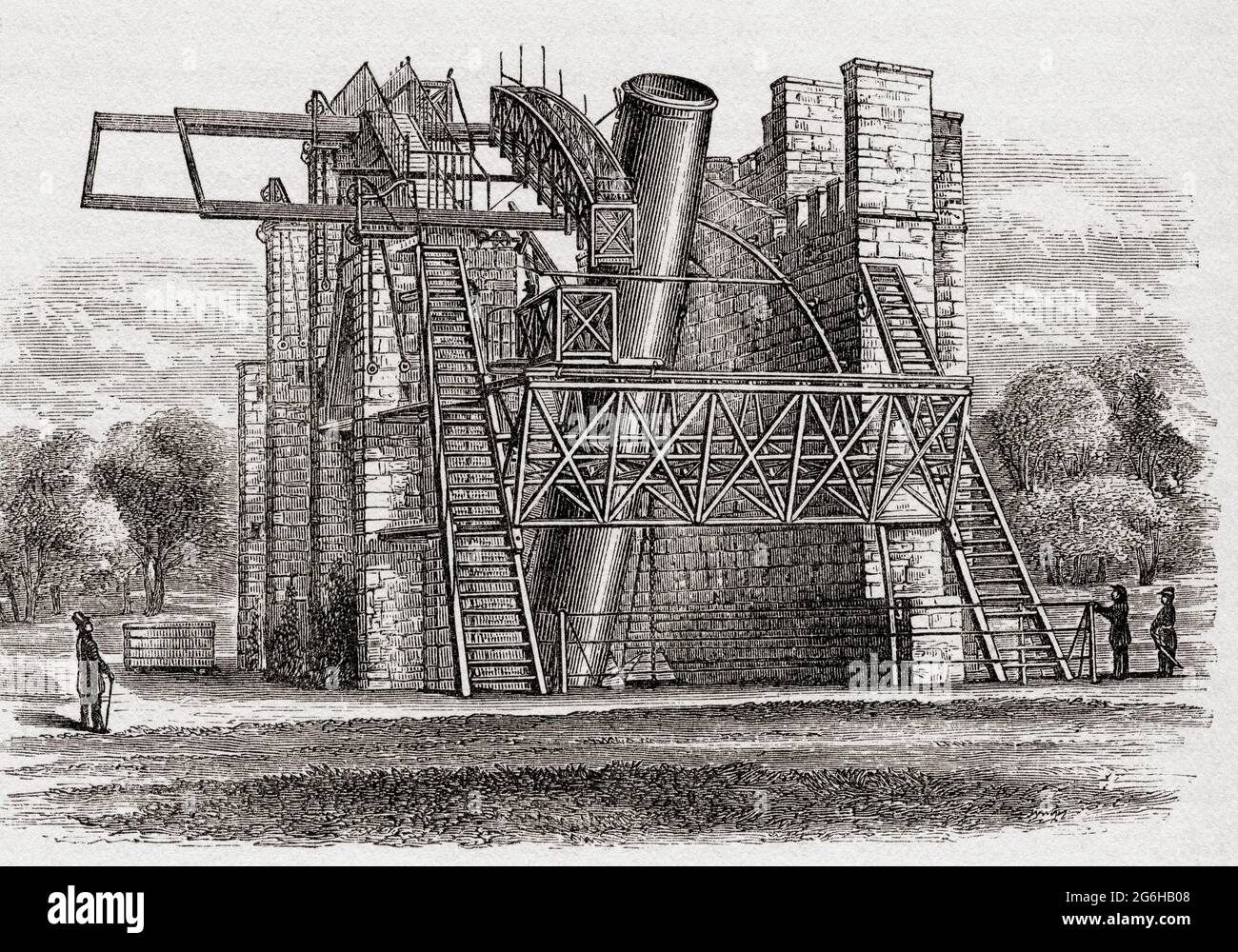 The Leviathan of Parsonstown, the 72 inch telescope built by William Parsons, 3rd Earl of Rosse, in 1845. It was located at Birr Castle, Parsonstown, County Offaly, Ireland and was the largest telescope built in the 19th century. Parsonstown is now known as Birr. The telescope can still be seen at Ireland’s Historic Science Centre at Birr Castle.  From The Universe or, The Infinitely Great and the Infinitely Little, published 1882. Stock Photo