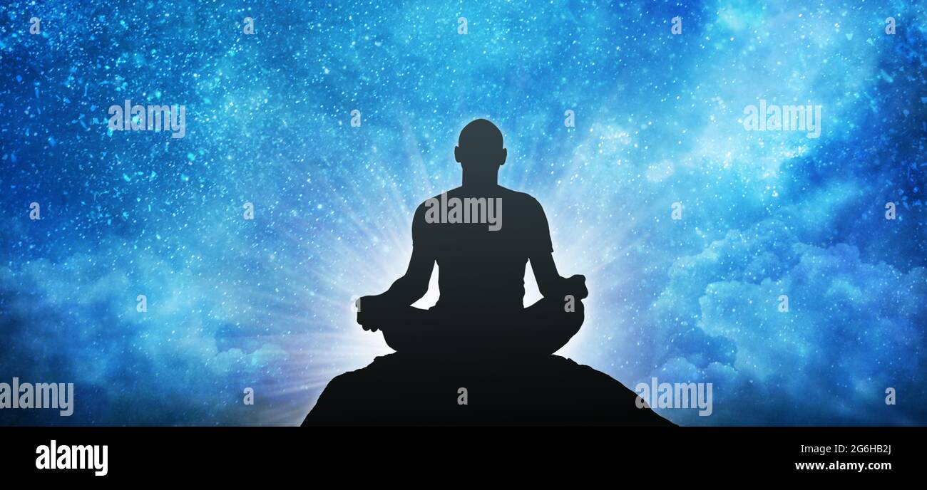 Yoga meditation illustration, silhouette of man practicing outdoors Stock Photo