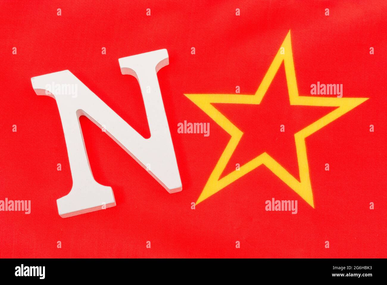 Wood N & Soviet style Red Star to form 'No'. For battle to teach CRT / Critical Race Theory is America's schools as parents push back. US and Marxism. Stock Photo