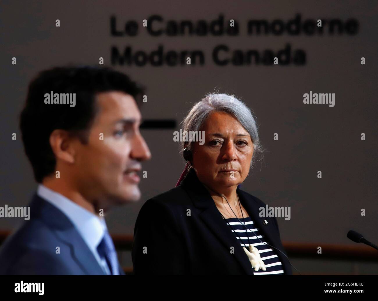 Canada's Prime Minister Justin Trudeau attends a news conference with Mary Simon to announce her as the next Governor General of Canada in Gatineau, Quebec, Canada July 6, 2021.  REUTERS/Patrick Doyle Stock Photo