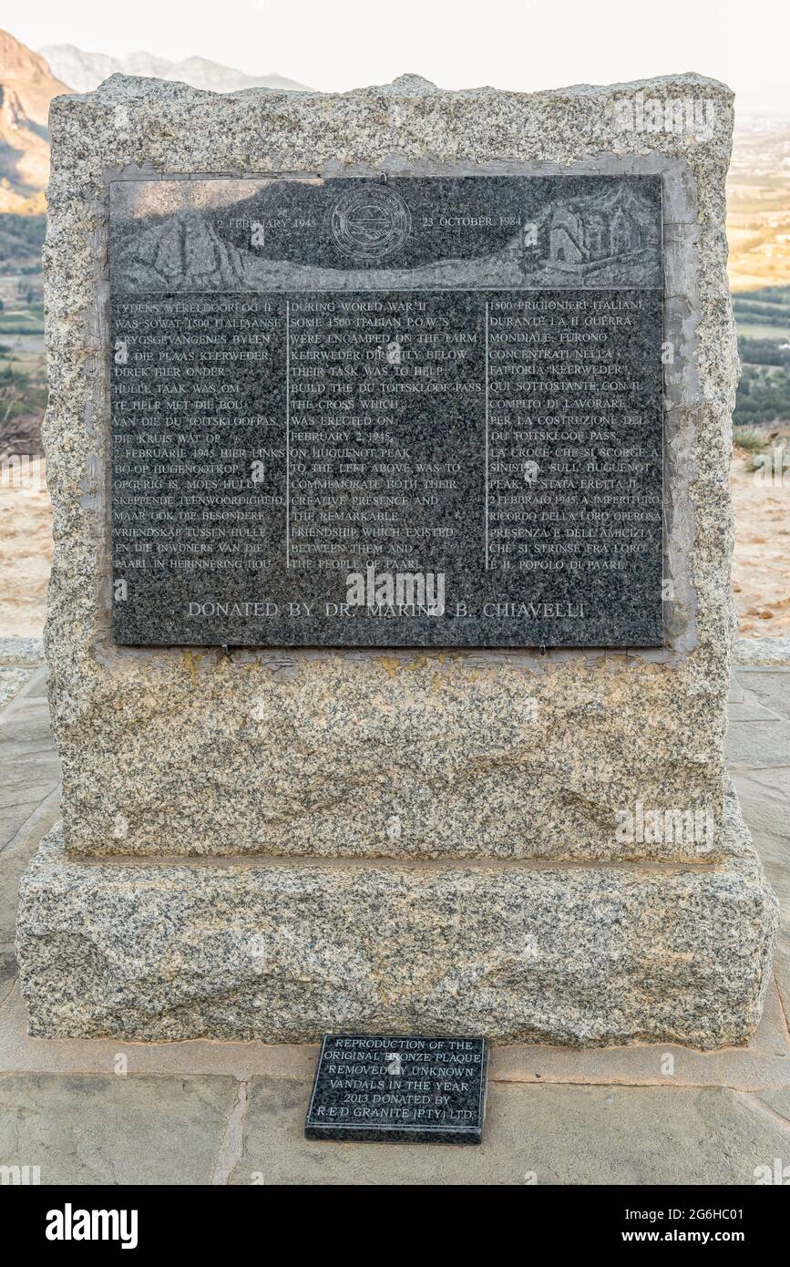 PAARL, SOUTH AFRICA - APRIL 20, 2021: View of the memorial plaque on the Du Toitskloof Pass near Paarl in the Western Cape Province Stock Photo