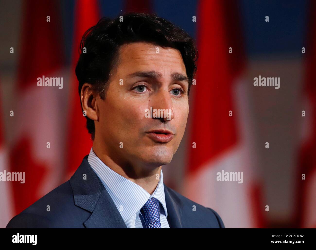 Canada's Prime Minister Justin Trudeau attends a news conference to announce Mary Simon (not pictured) as the next Governor General of Canada in Gatineau, Quebec, Canada July 6, 2021.  REUTERS/Patrick Doyle Stock Photo