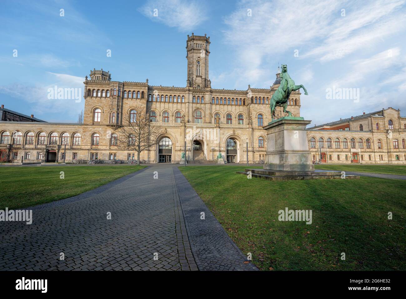 Leibniz University - Welfenschloss Main Building and Horse Statue - Hanover, Germany Stock Photo