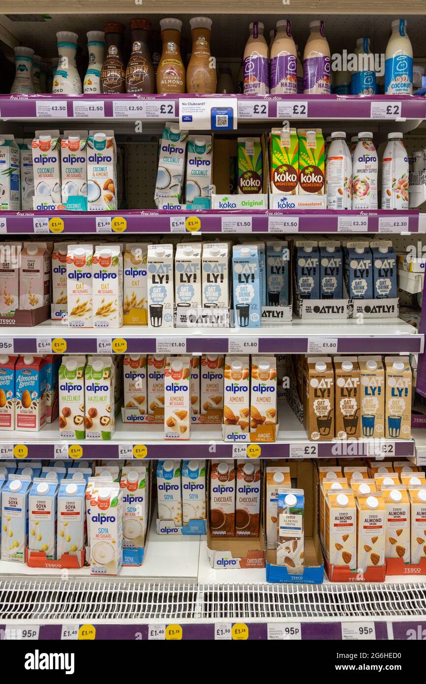 Plant milk in the chilled aisle of a supermarket. Stock Photo