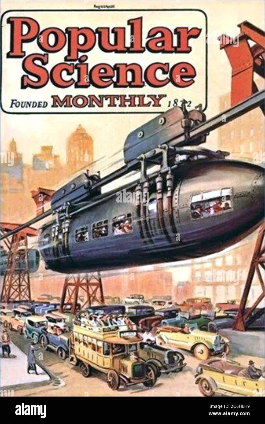 POPULAR SCIENCE  An American quarterly magazine, first published in 1872. Cover from about 1910 showing a monorail beating the traffic jam Stock Photo