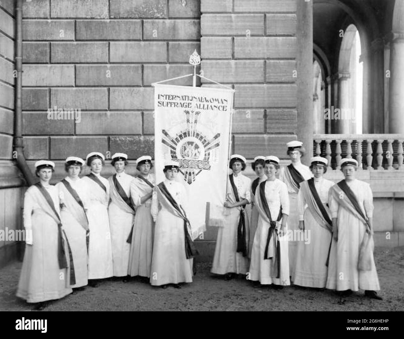 INTERNATIONAL WOMAN SUFFRAGE ALLIANCE at the Congress in Stockholm in 1911.  A Swedish group pose with their banner. Stock Photo