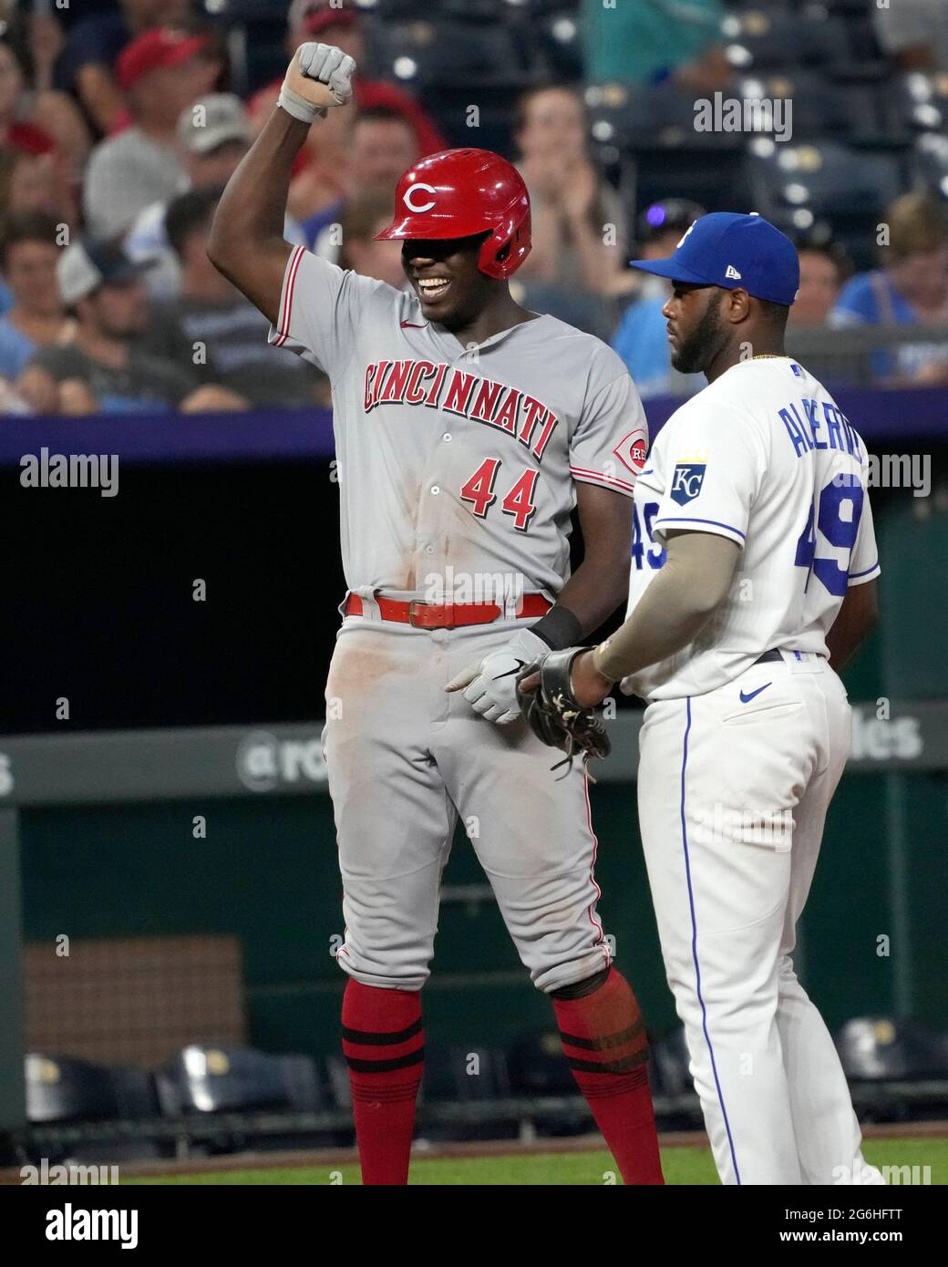 July 05, 2021: Cincinnati Reds Nick Castellanos (2) hits a solo home run in  the seventh inning at Kauffman Stadium in Kansas City, MO. Reds defeated  Royals 6-2. Jon Robichaud/CSM/Sipa USA.(Credit Image