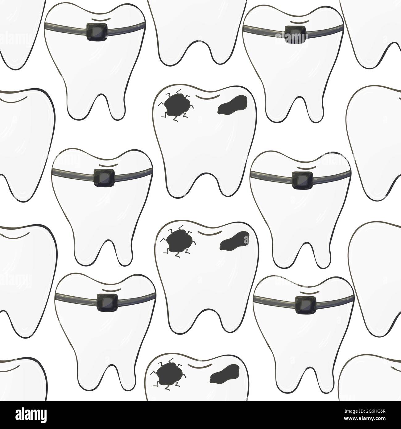 Vector Seamless pattern on a white background. Cartoon teeth in hand ...