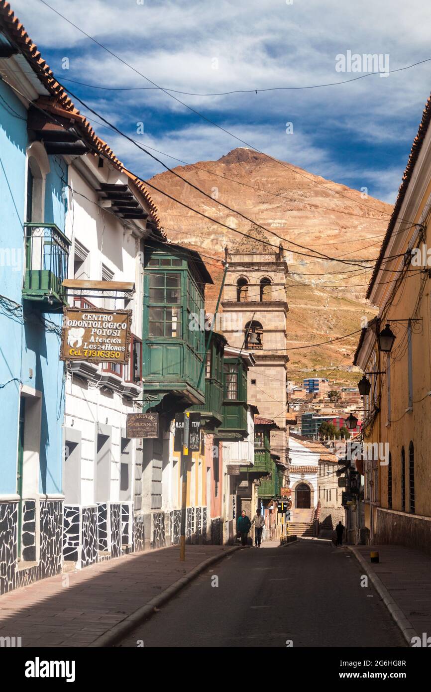 POTOSI, BOLIVIA - APRIL 19, 2015: Colonial buildings and Cerro Rico mountain in Potosi, Bolivia Stock Photo