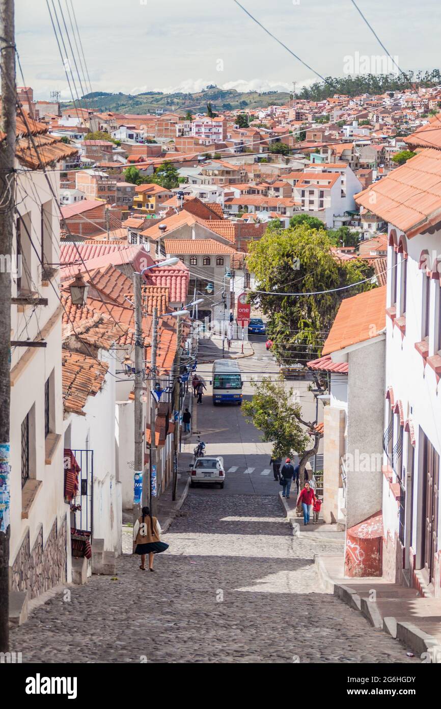 SUCRE, BOLIVIA - APRIL 22, 2015: White colonial houses in Sucre, capital of Bolivia. Stock Photo