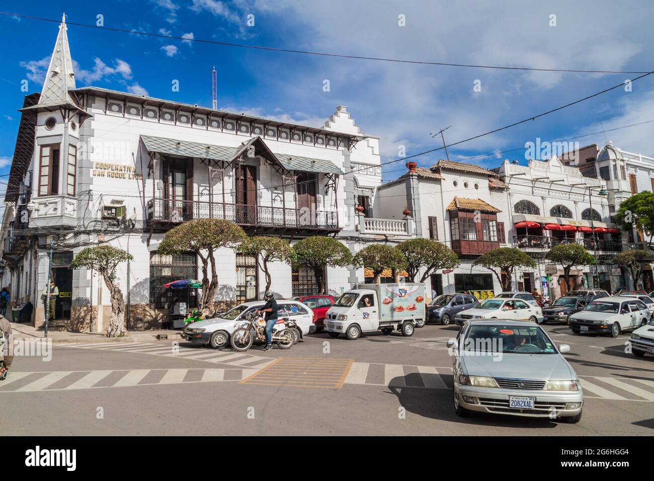 SUCRE, BOLIVIA - APRIL 22, 2015: Traffic in the center of Sucre, capital of Bolivia Stock Photo