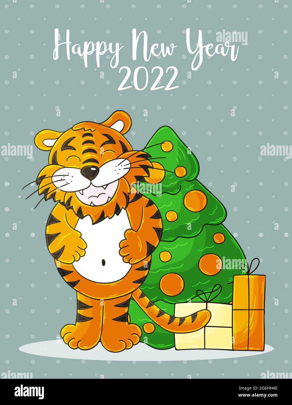 New year 2022. Symbol of 2022. New Year card in hand draw style. Christmas  tree, gifts, tiger. Cartoon illustration for postcards, calendars Stock  Vector Image & Art - Alamy