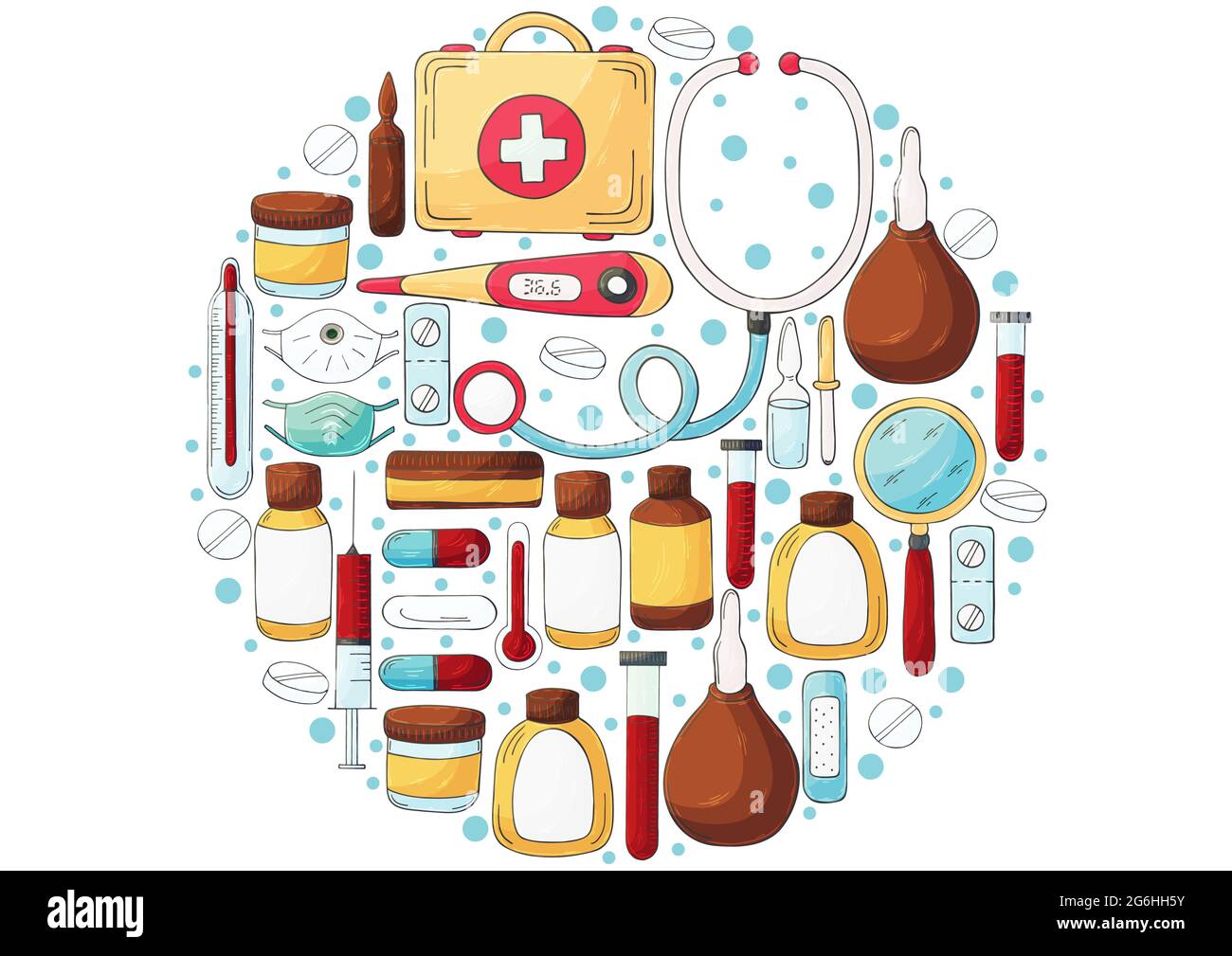 Round collection of vector illustrations. Set of doctor's tools in hand  draw style. Ambulance doctor tools, medical case, medications, stethoscope,  ma Stock Vector Image & Art - Alamy