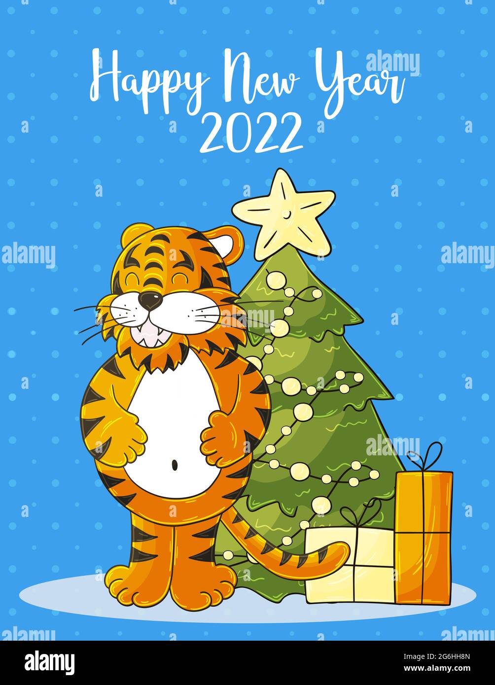 Christmas Presents Funny Cartoon 2022 Symbol Of 2022. Blue New Year Card In Hand Draw Style. Christmas Tree, Gifts,  Tiger. New Year 2022. Cartoon Illustration For Postcards, Calendars, Pos  Stock Vector Image & Art - Alamy
