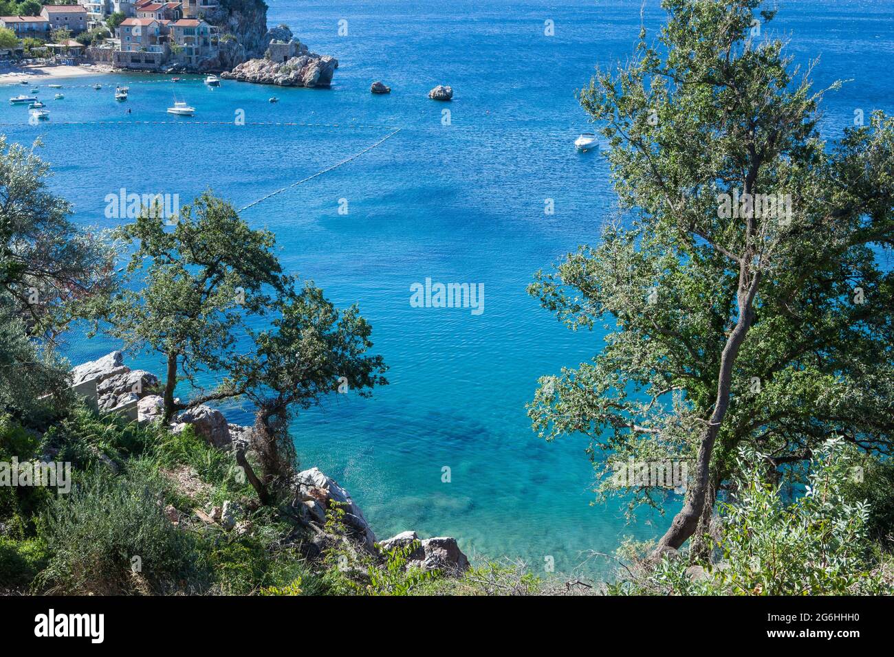 Aerial view on seascape of Adriatic sea coast in Budva Riviera, Montenegro. High quality photo Stock Photo
