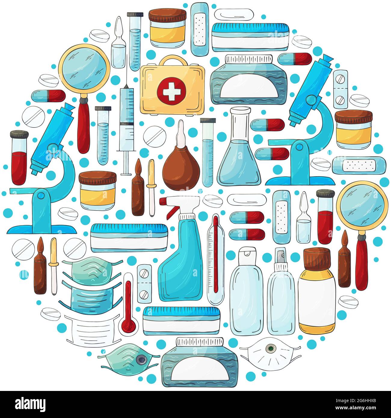 Round collection of vector illustrations. Laboratory assistant doctor ...