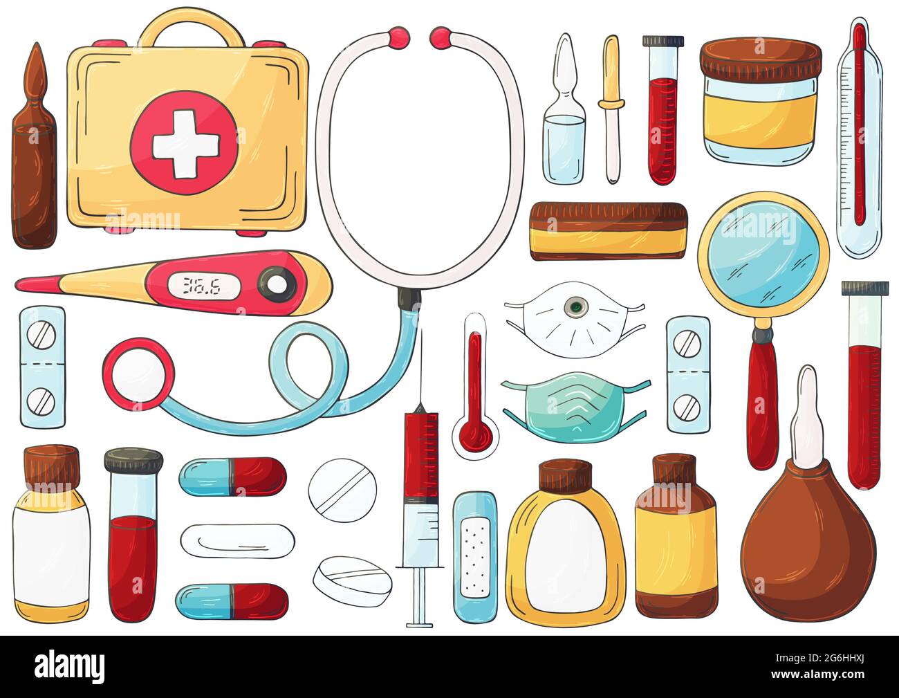 Collection of vector illustrations. Set of doctor's tools in hand draw  style. Ambulance doctor tools, medical case, medications, stethoscope,  masks Stock Vector Image & Art - Alamy